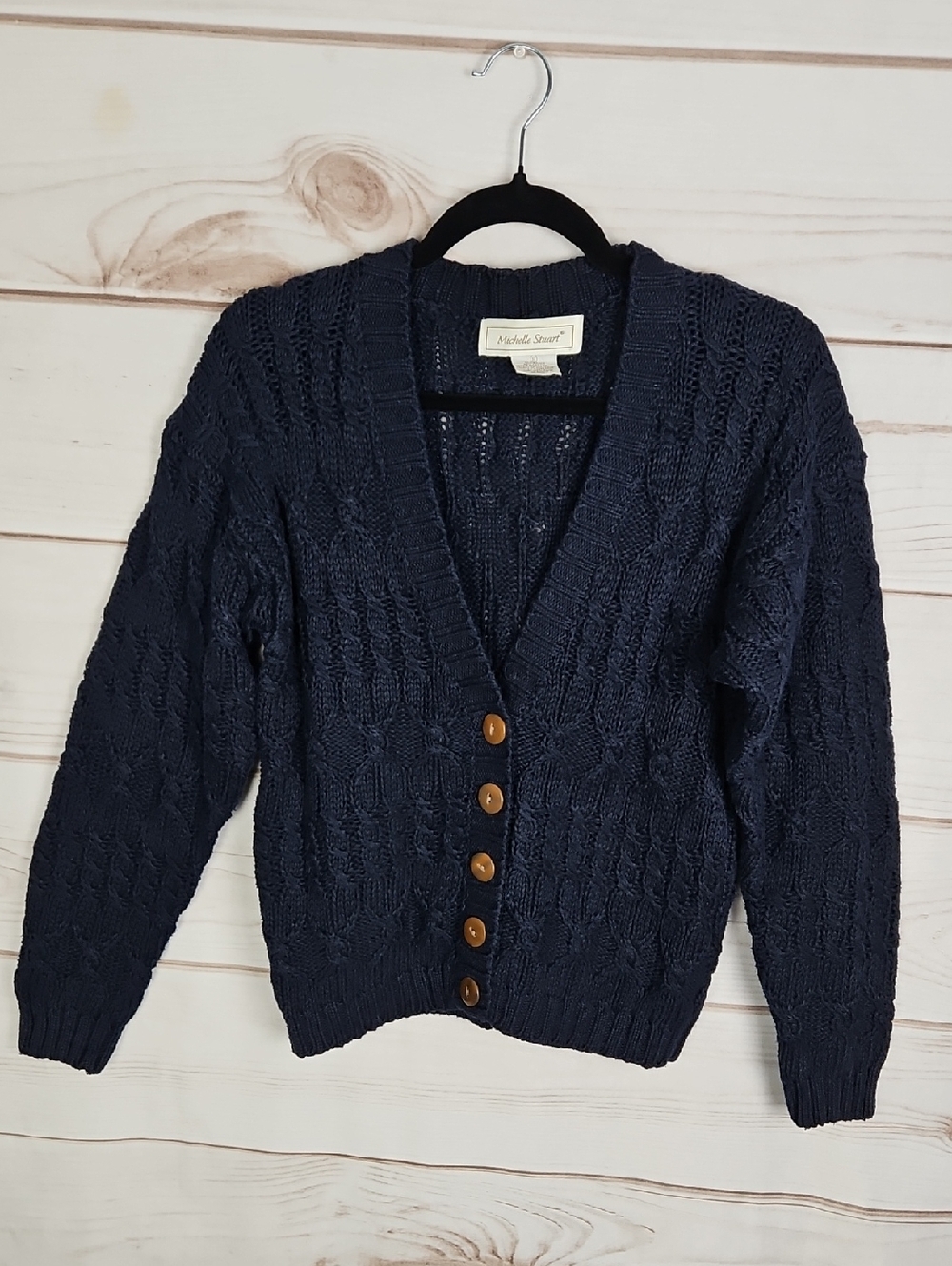 Michelle Stuart Vintage 90s Navy Cable Knit Cardigan Ramie Cotton Tortoiseshell